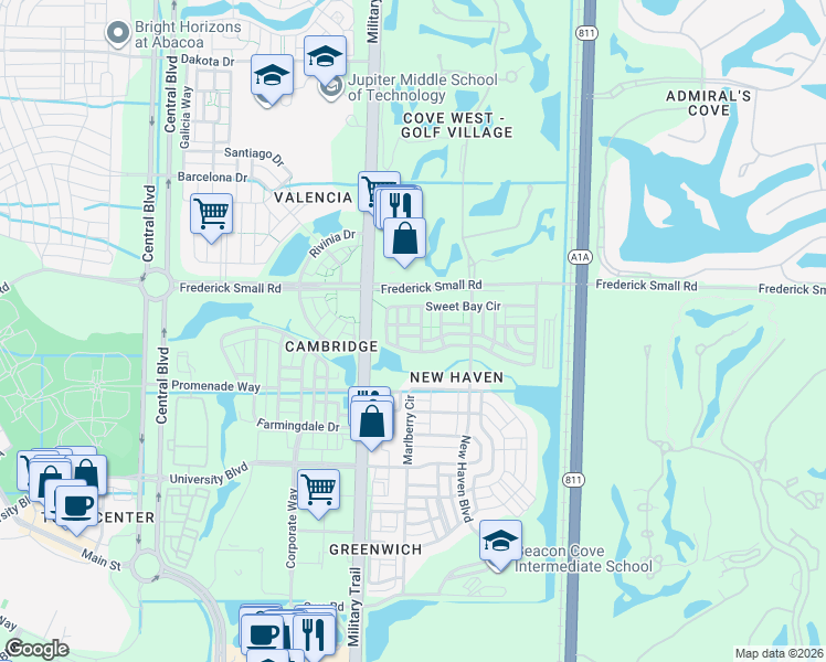 map of restaurants, bars, coffee shops, grocery stores, and more near 110 Cherry Laurel Drive in Jupiter