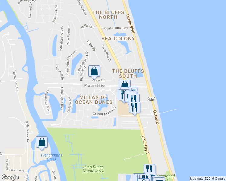map of restaurants, bars, coffee shops, grocery stores, and more near 102 Ocean Dunes Circle in Jupiter