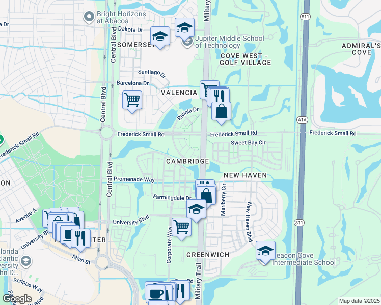 map of restaurants, bars, coffee shops, grocery stores, and more near 107 Waterford Drive in Jupiter