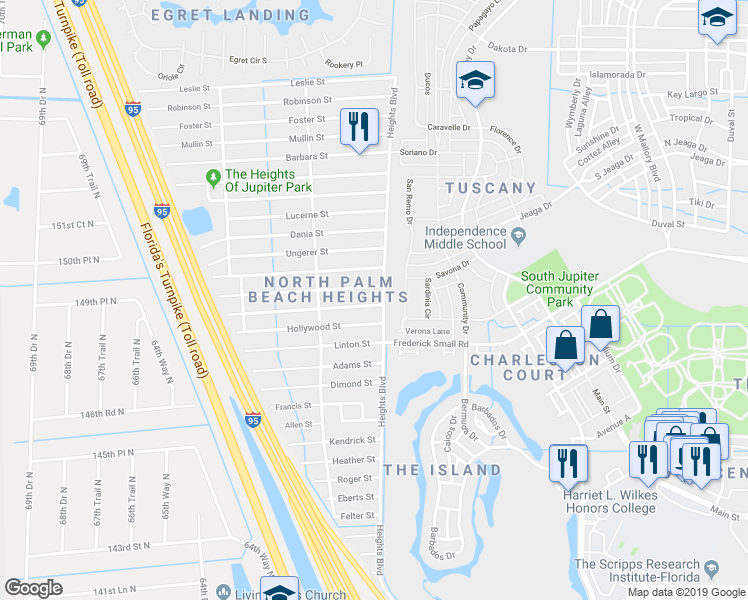 map of restaurants, bars, coffee shops, grocery stores, and more near 6021 Pompano Street in Jupiter