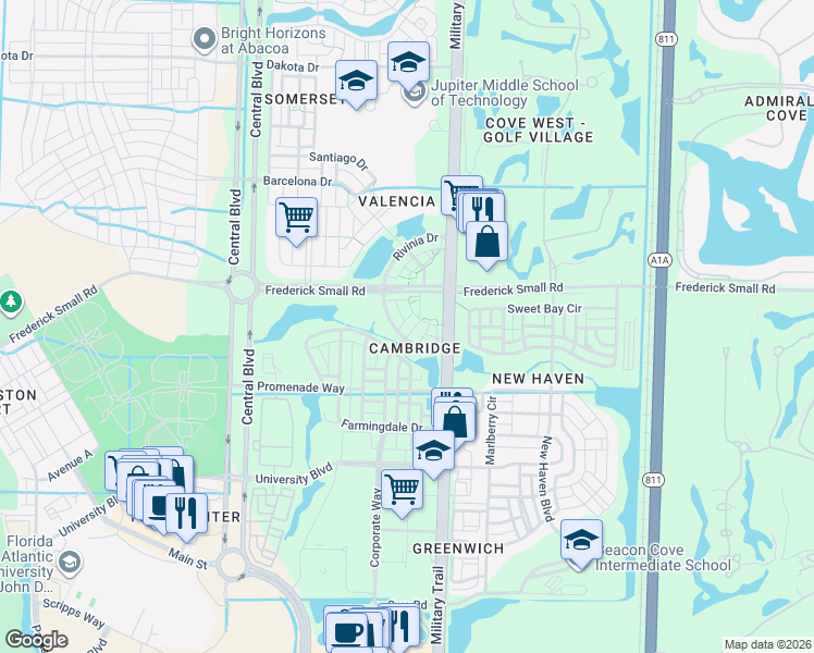 map of restaurants, bars, coffee shops, grocery stores, and more near 112 Waterford Drive in Jupiter