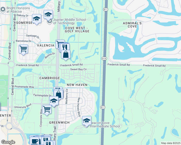 map of restaurants, bars, coffee shops, grocery stores, and more near 511 Lantana Lane in Jupiter