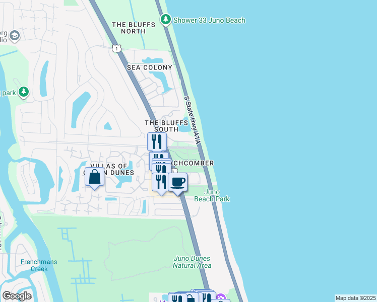 map of restaurants, bars, coffee shops, grocery stores, and more near Ocean City Park in Jupiter