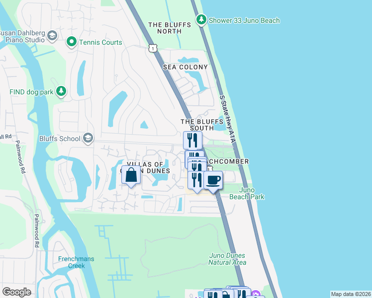 map of restaurants, bars, coffee shops, grocery stores, and more near 113 Ocean Dunes Circle in Jupiter