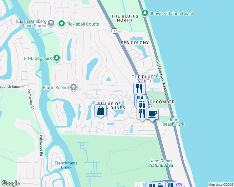 map of restaurants, bars, coffee shops, grocery stores, and more near 1407 Ocean Dunes Circle in Jupiter
