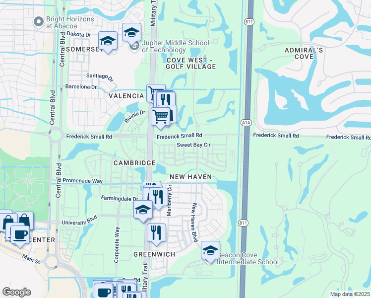 map of restaurants, bars, coffee shops, grocery stores, and more near 119 Day Lily Drive in Jupiter