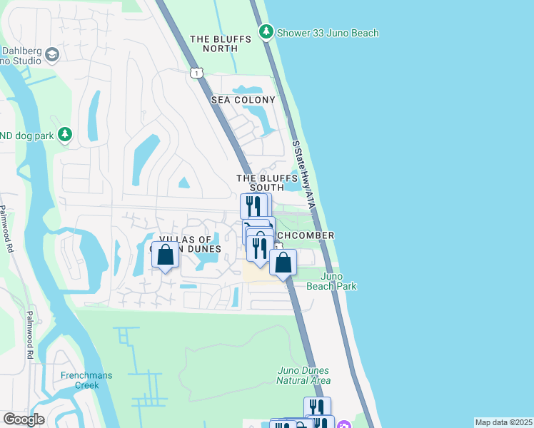 map of restaurants, bars, coffee shops, grocery stores, and more near U.S. Hwy 1 & Marcinski Rd in Jupiter