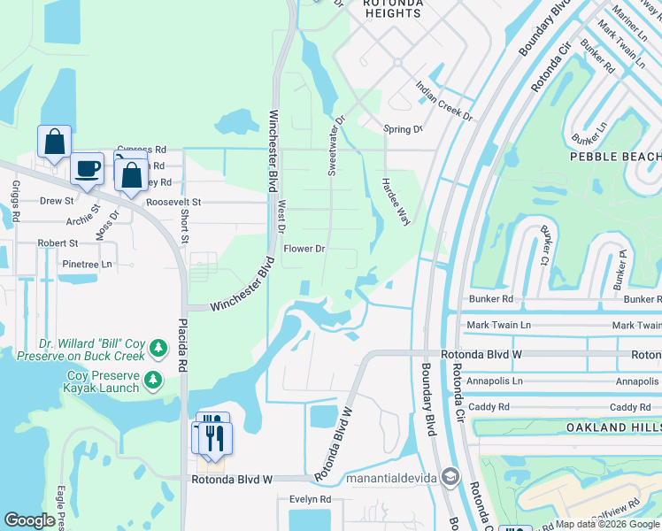 map of restaurants, bars, coffee shops, grocery stores, and more near 193 Sweetwater Drive in Rotonda West