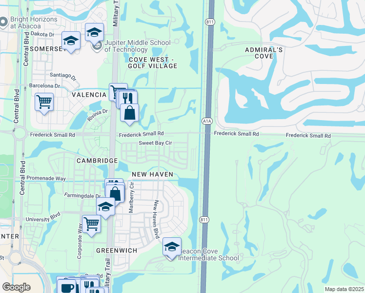 map of restaurants, bars, coffee shops, grocery stores, and more near 511 Lantana Lane in Jupiter