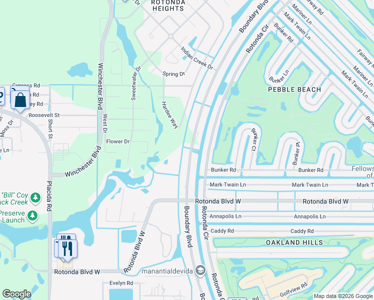 map of restaurants, bars, coffee shops, grocery stores, and more near 235 Boundary Boulevard in Rotonda West