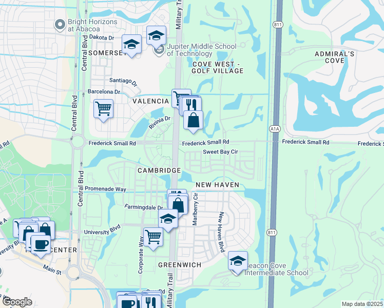 map of restaurants, bars, coffee shops, grocery stores, and more near 110 Cherry Laurel Drive in Jupiter