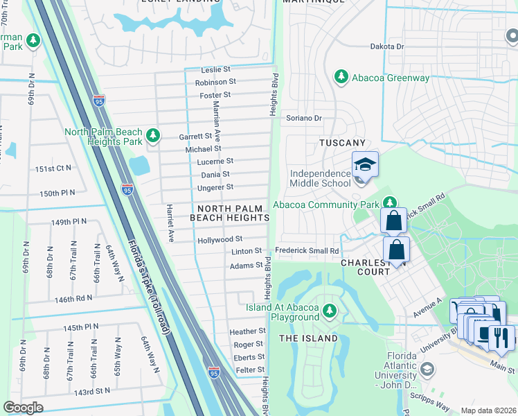 map of restaurants, bars, coffee shops, grocery stores, and more near 6033 Lauderdale Street in Jupiter