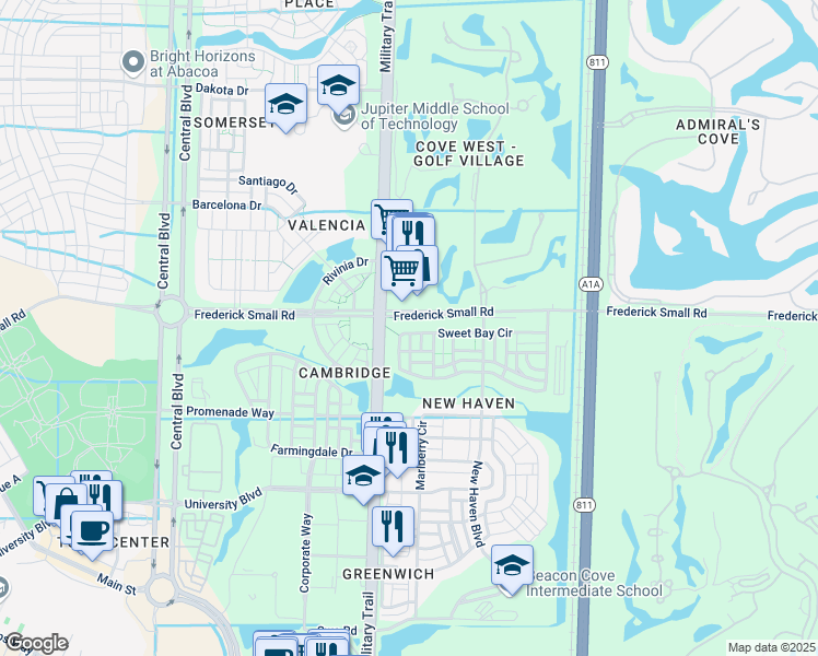 map of restaurants, bars, coffee shops, grocery stores, and more near 110 Cherry Laurel Drive in Jupiter