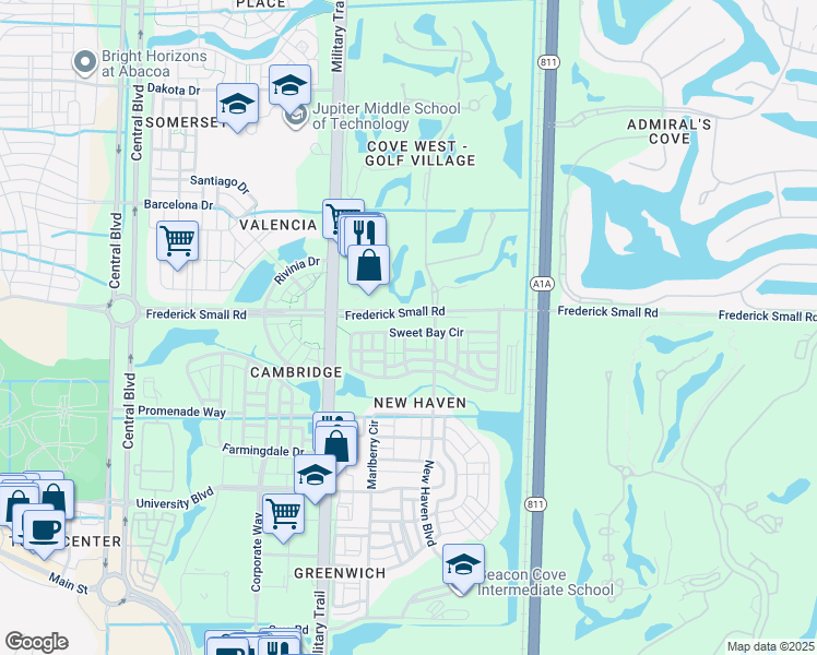 map of restaurants, bars, coffee shops, grocery stores, and more near 118 Sweet Bay Circle in Jupiter