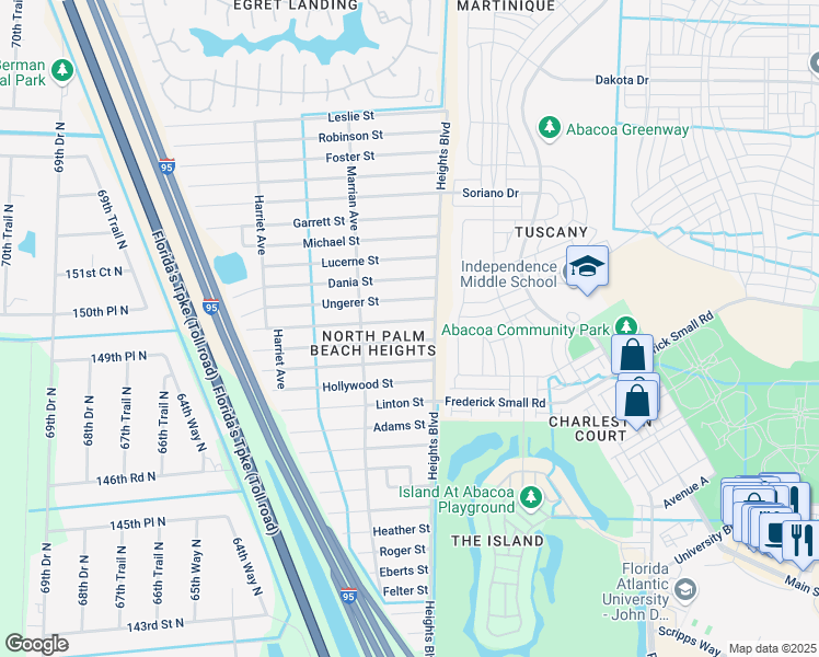 map of restaurants, bars, coffee shops, grocery stores, and more near 6068 Drake Street in Jupiter