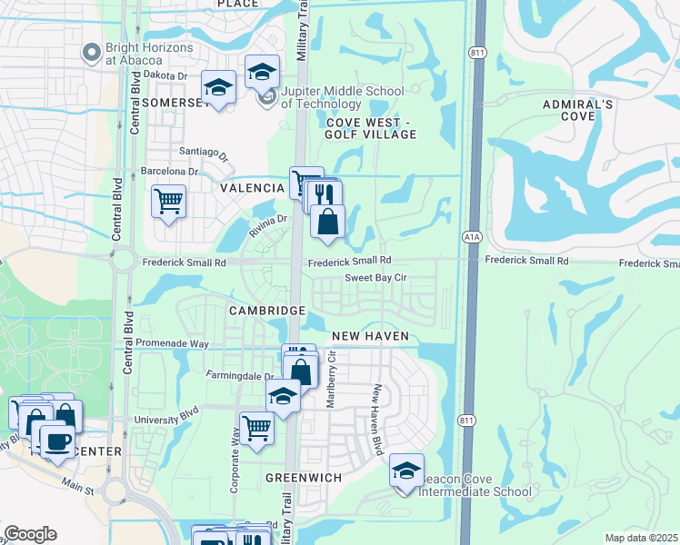 map of restaurants, bars, coffee shops, grocery stores, and more near 130 Sweet Bay Circle in Jupiter