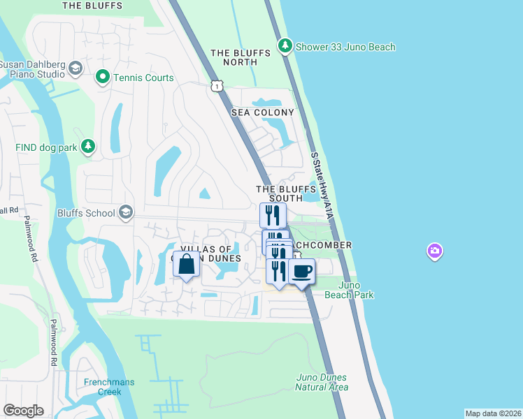 map of restaurants, bars, coffee shops, grocery stores, and more near 157 Ridge Road in Jupiter