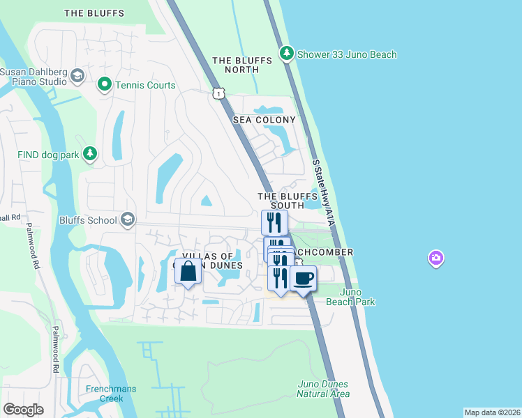 map of restaurants, bars, coffee shops, grocery stores, and more near 157 Ridge Road in Jupiter