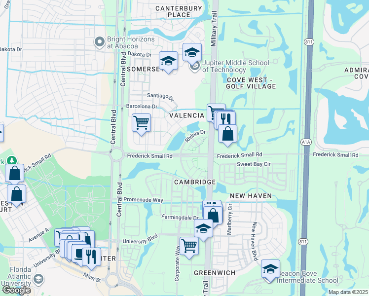 map of restaurants, bars, coffee shops, grocery stores, and more near 107 Rivinia Drive in Jupiter