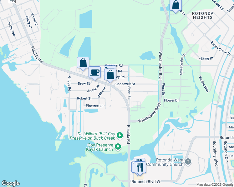 map of restaurants, bars, coffee shops, grocery stores, and more near 5000 Placida Road in Englewood