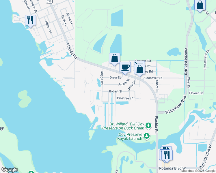 map of restaurants, bars, coffee shops, grocery stores, and more near 9100 Griggs Road in Englewood