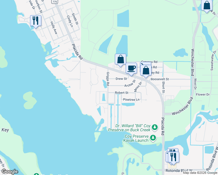 map of restaurants, bars, coffee shops, grocery stores, and more near 9100 Griggs Road in Englewood