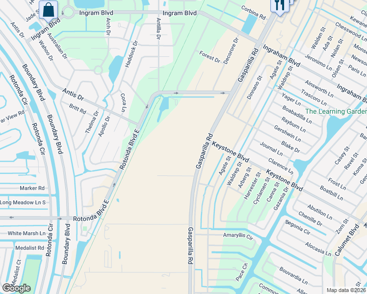 map of restaurants, bars, coffee shops, grocery stores, and more near 5273 Woodlake Road in Placida
