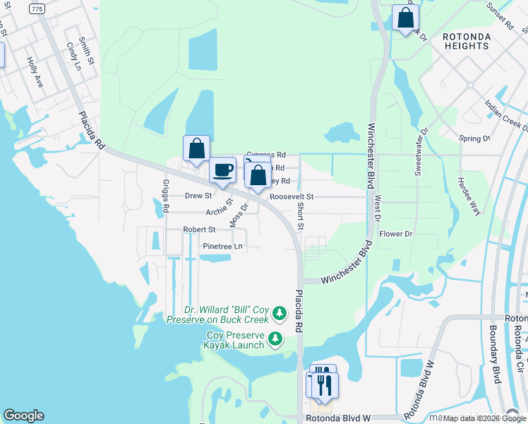 map of restaurants, bars, coffee shops, grocery stores, and more near 5000 Placida Road in Englewood
