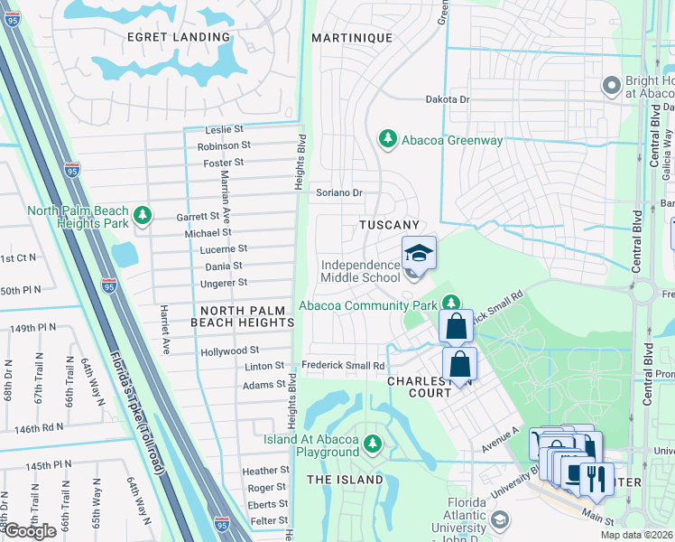 map of restaurants, bars, coffee shops, grocery stores, and more near 3518 Community Drive in Jupiter