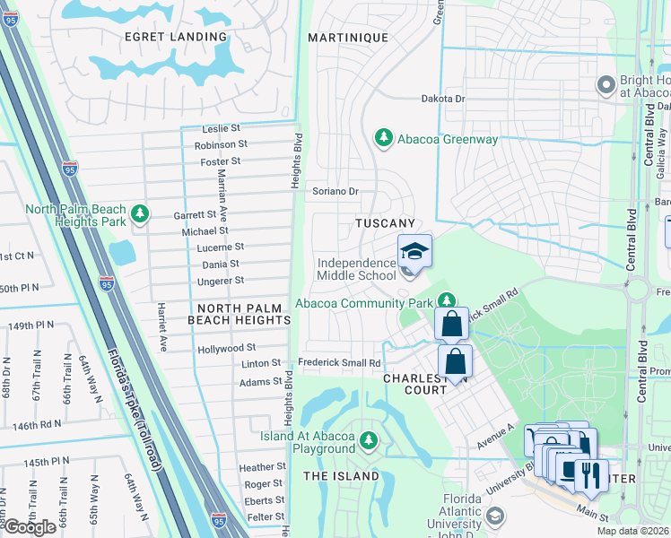 map of restaurants, bars, coffee shops, grocery stores, and more near 3518 Community Drive in Jupiter
