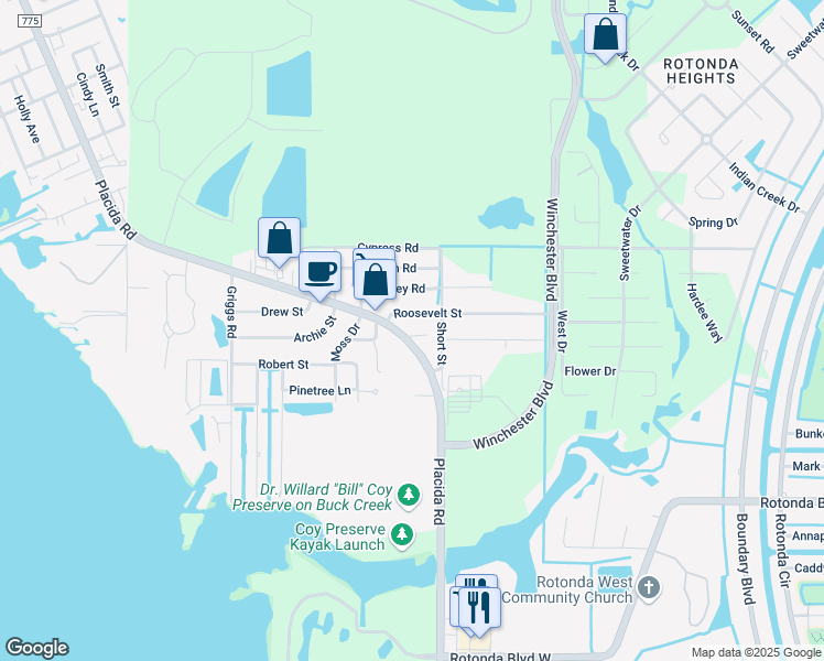 map of restaurants, bars, coffee shops, grocery stores, and more near 5000 Placida Road in Englewood