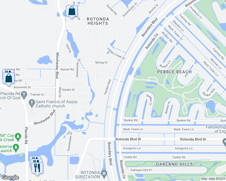 map of restaurants, bars, coffee shops, grocery stores, and more near 121 Hardee Way in Rotonda West