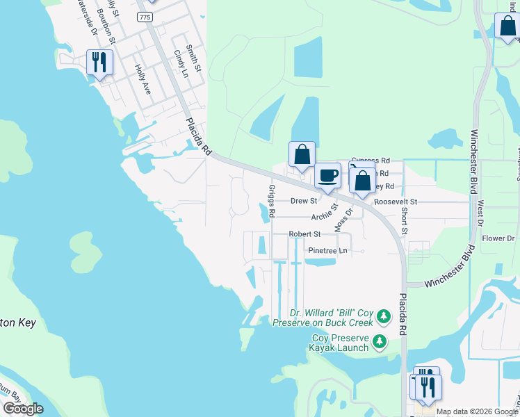 map of restaurants, bars, coffee shops, grocery stores, and more near 4270 Placida Road in Englewood