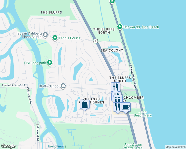 map of restaurants, bars, coffee shops, grocery stores, and more near 111 Dunes Edge Road in Jupiter
