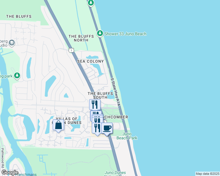 map of restaurants, bars, coffee shops, grocery stores, and more near 3610 Ocean Boulevard in Jupiter