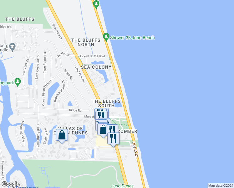 map of restaurants, bars, coffee shops, grocery stores, and more near 3610 Ocean Boulevard in Jupiter