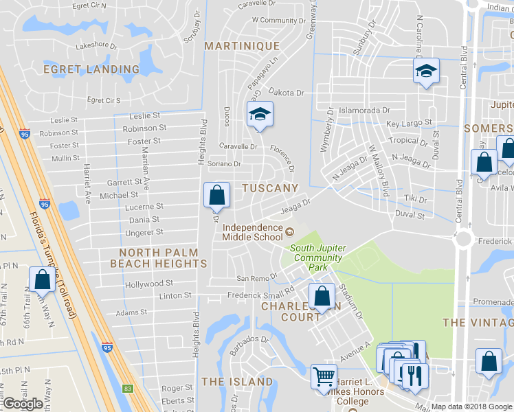 map of restaurants, bars, coffee shops, grocery stores, and more near 233 Florence Drive in Jupiter