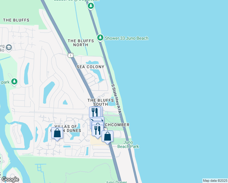 map of restaurants, bars, coffee shops, grocery stores, and more near 3610 Ocean Boulevard in Jupiter