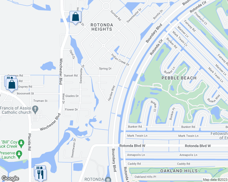 map of restaurants, bars, coffee shops, grocery stores, and more near 121 Hardee Way in Rotonda West