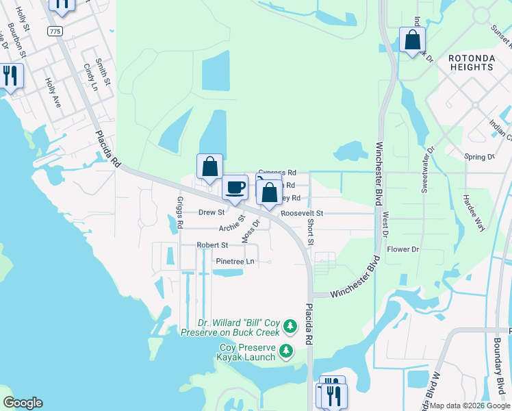 map of restaurants, bars, coffee shops, grocery stores, and more near 4741 Placida Road in Englewood