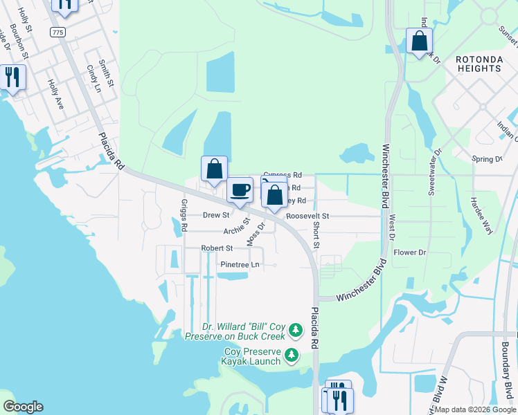 map of restaurants, bars, coffee shops, grocery stores, and more near 4741 Placida Road in Englewood