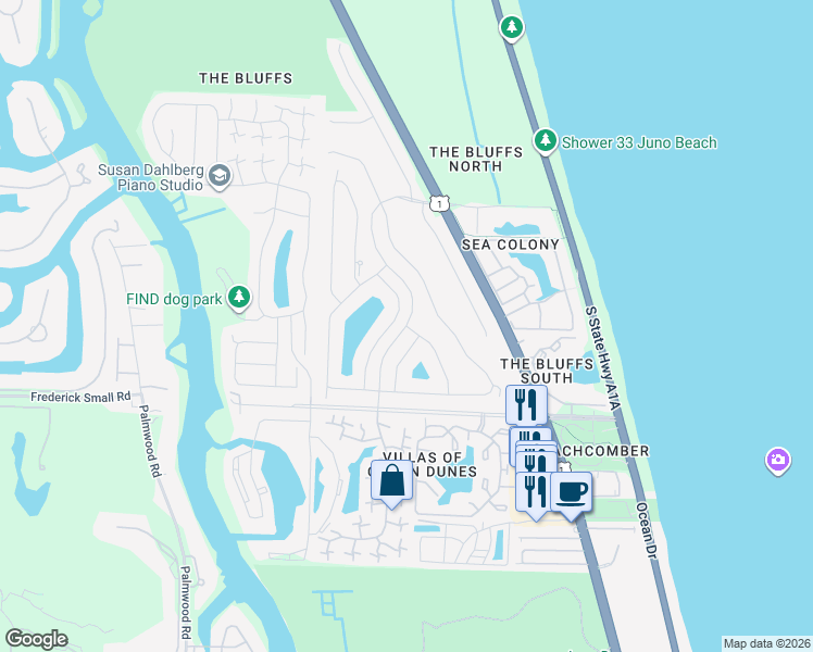 map of restaurants, bars, coffee shops, grocery stores, and more near Bluffs Blvd & Dunes Edge Rd in Jupiter