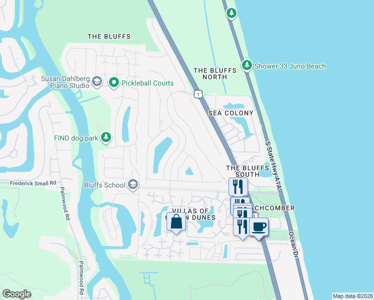 map of restaurants, bars, coffee shops, grocery stores, and more near 101 Dunes Edge Road in Jupiter