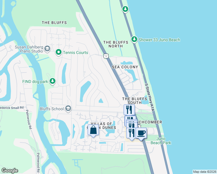 map of restaurants, bars, coffee shops, grocery stores, and more near 111 Dunes Edge Road in Jupiter