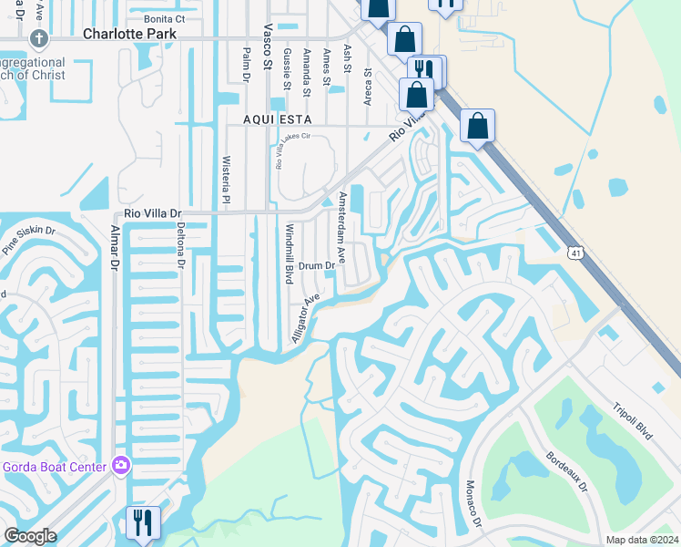 map of restaurants, bars, coffee shops, grocery stores, and more near 44 Amsterdam Avenue in Punta Gorda