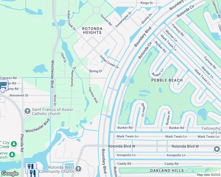 map of restaurants, bars, coffee shops, grocery stores, and more near 262 Boundary Boulevard in Rotonda West