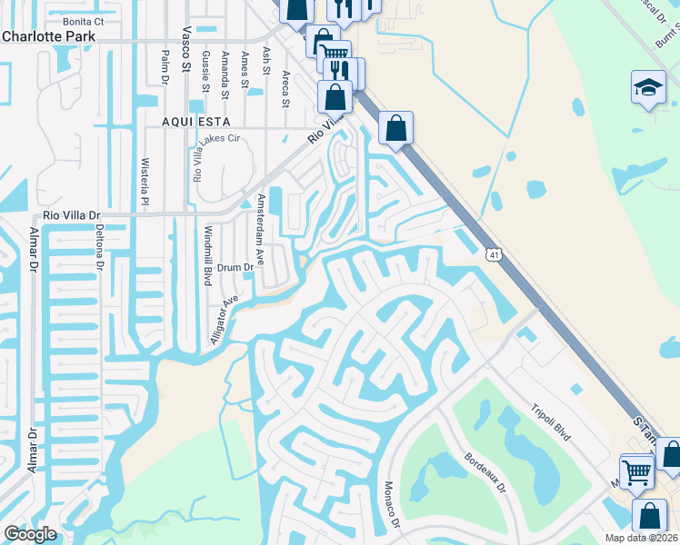 map of restaurants, bars, coffee shops, grocery stores, and more near 3536 Di Leuca Street in Punta Gorda