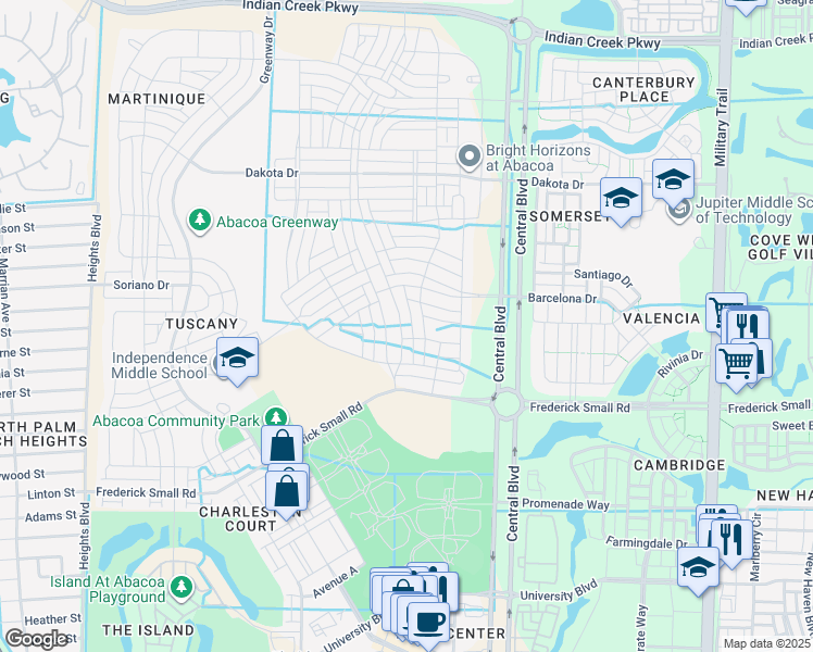 map of restaurants, bars, coffee shops, grocery stores, and more near 3439 East Mallory Boulevard in Jupiter