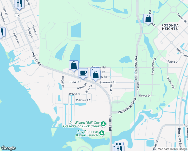 map of restaurants, bars, coffee shops, grocery stores, and more near 8272 Pelican Road in Englewood