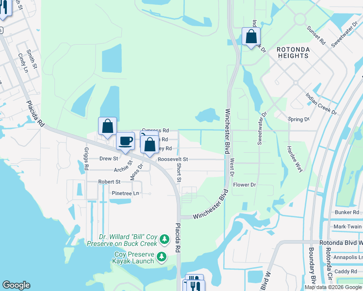 map of restaurants, bars, coffee shops, grocery stores, and more near 8382 Osprey Road in Englewood